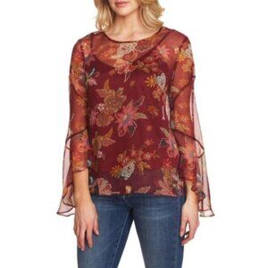 Vince Camuto Womens Red Floral Sheer Chiffon Flared Sleeve Blouse Sz XS New